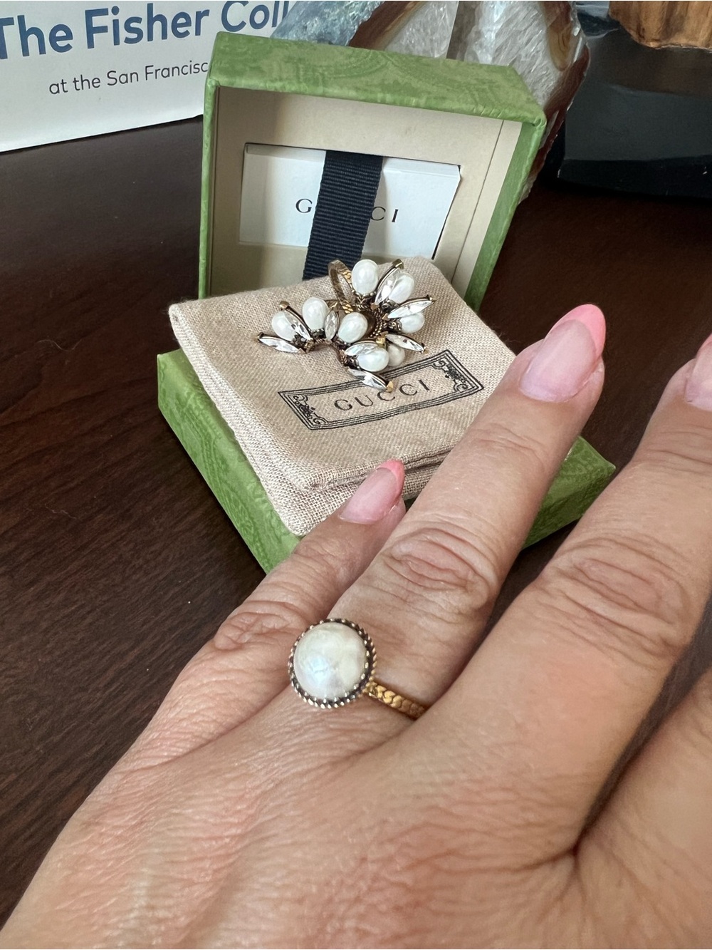 Gucci Gold-Tone Double Flower Ring with White Pearls and Crystal Marquises - Picture 6 of 10